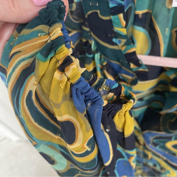 Chico’s Blue Gold Green Chiffon Metallic Swirl Ruffle Sleeve Button Up Blouse - Picture 5 of 14